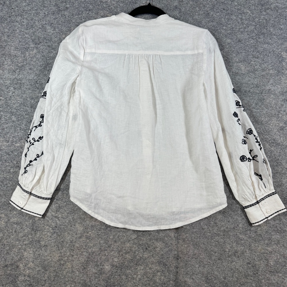 Club Monaco Linen Boho Blouse White XS Embroidered Sleeve Button Shirt Summer - Picture 12 of 16